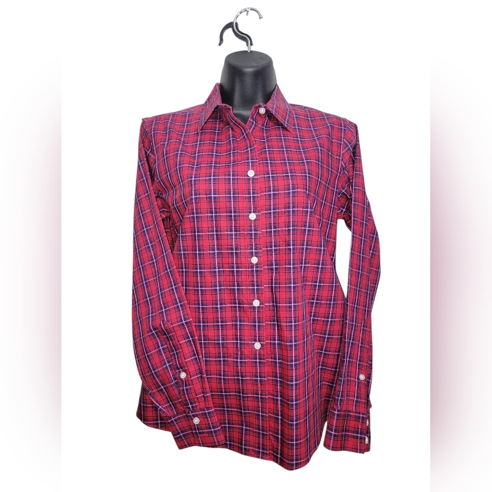 Lands’ End No Iron Supima Cotton Plaid Button Down Shirt Red Navy 4P Petite